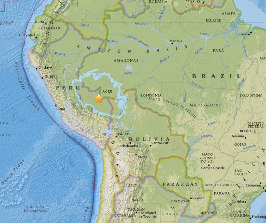 Terremoto é registrado na fronteira entre Peru, Brasil e Bolívia